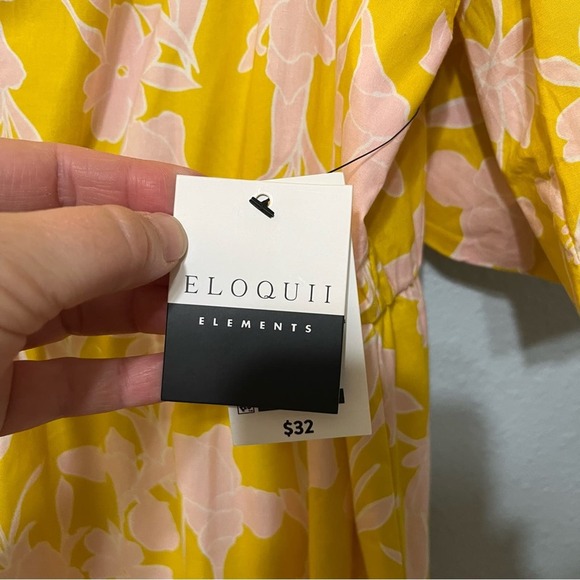Eloquii Elements Yellow & Pink Floral Puff Sleeve Square Neck Midi Dress NWT 26 - Picture 8 of 8